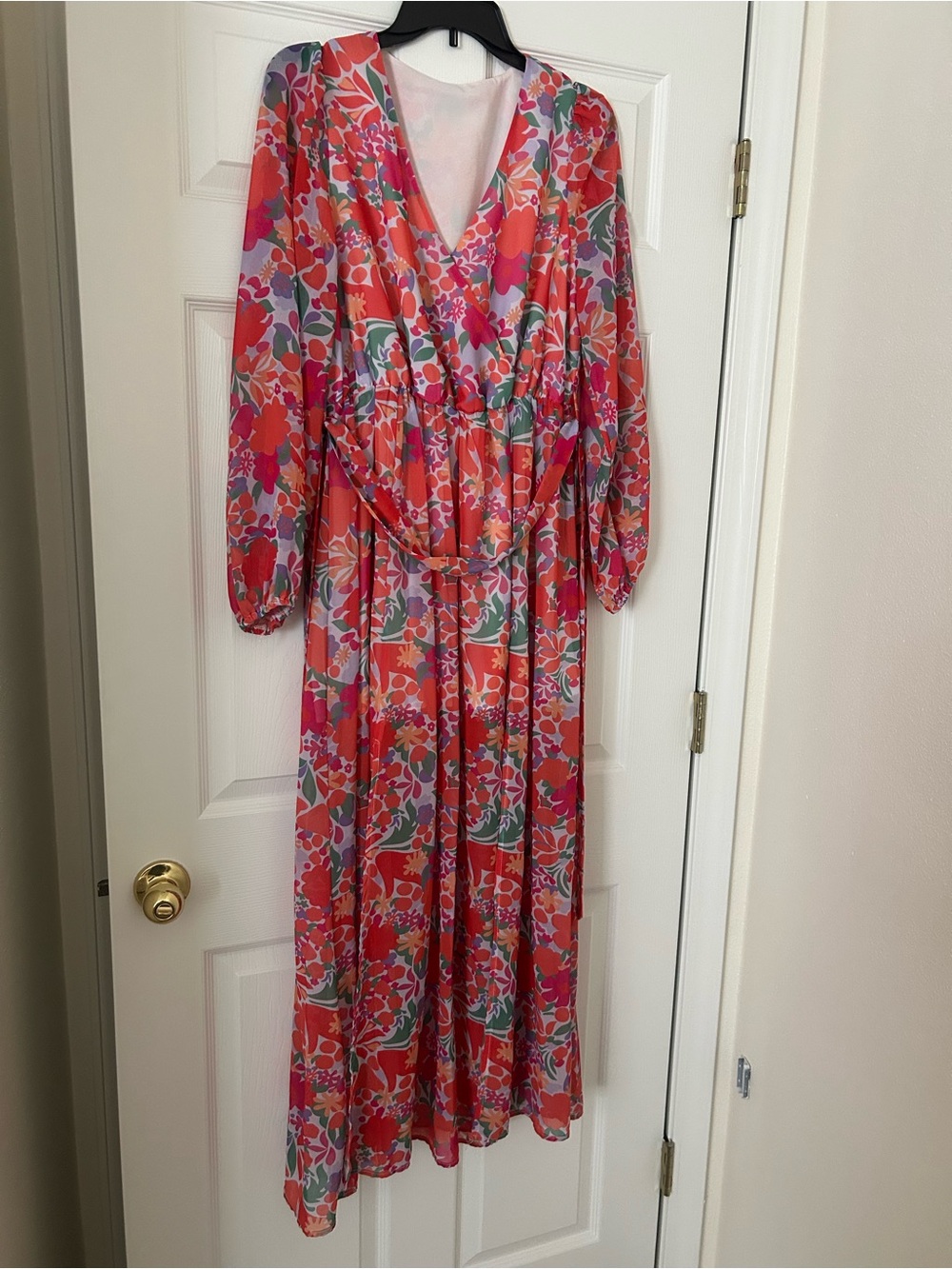 Floral V-Neck Long Sleeve Maxi Dress - Coral & Pink